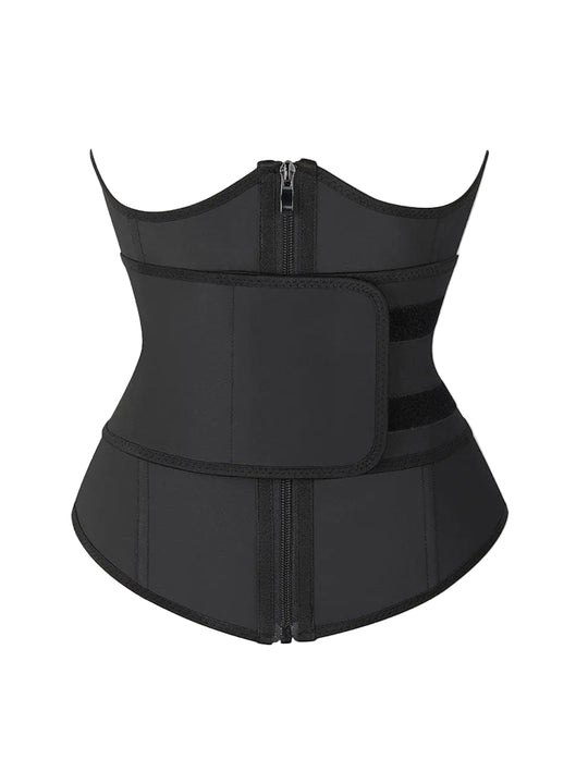 A black molded W type waist diminisher with adjustable steel bones and a smooth metal zipper, designed for posture correction and back support.