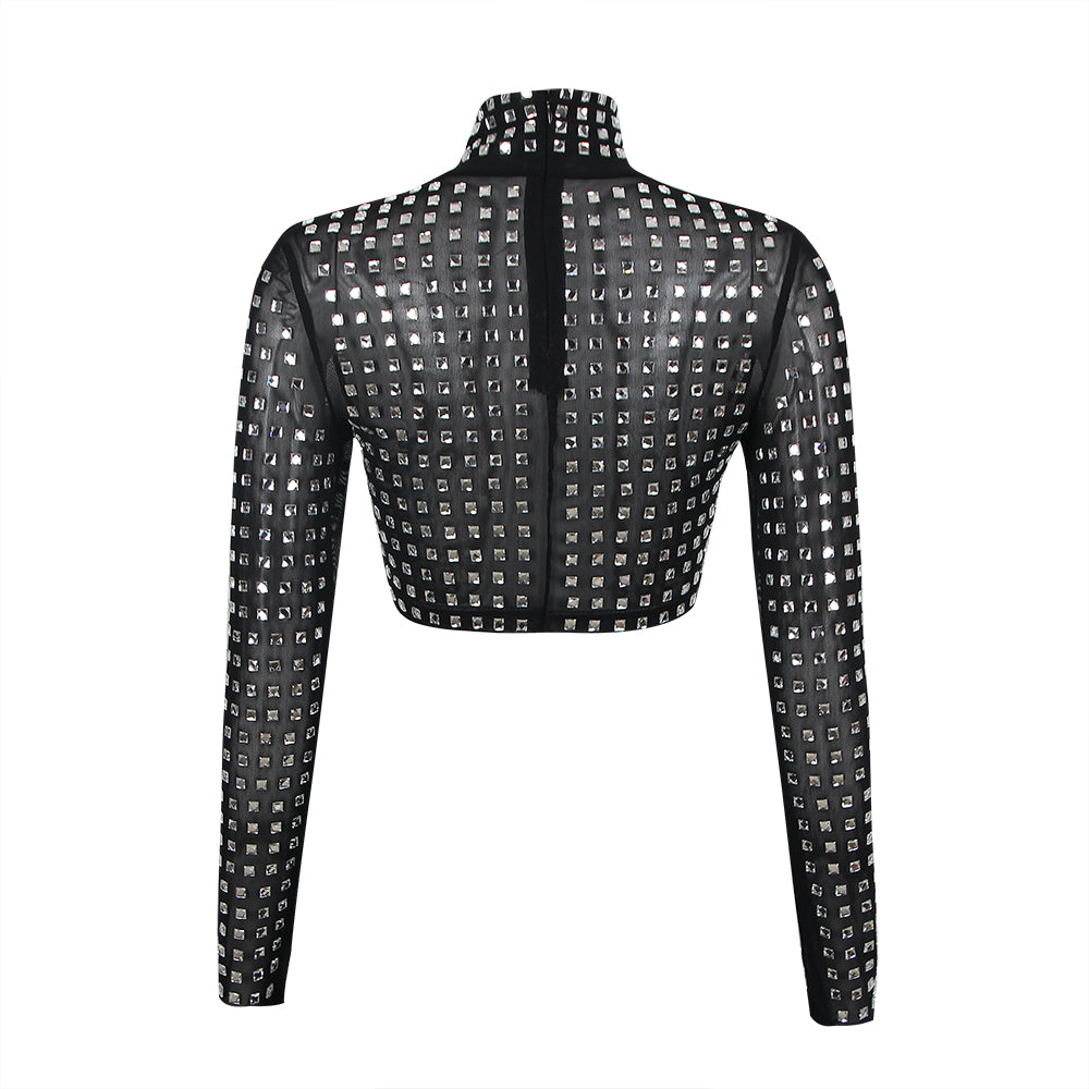 Mesh Mock Neck Rhinestone Crop Top