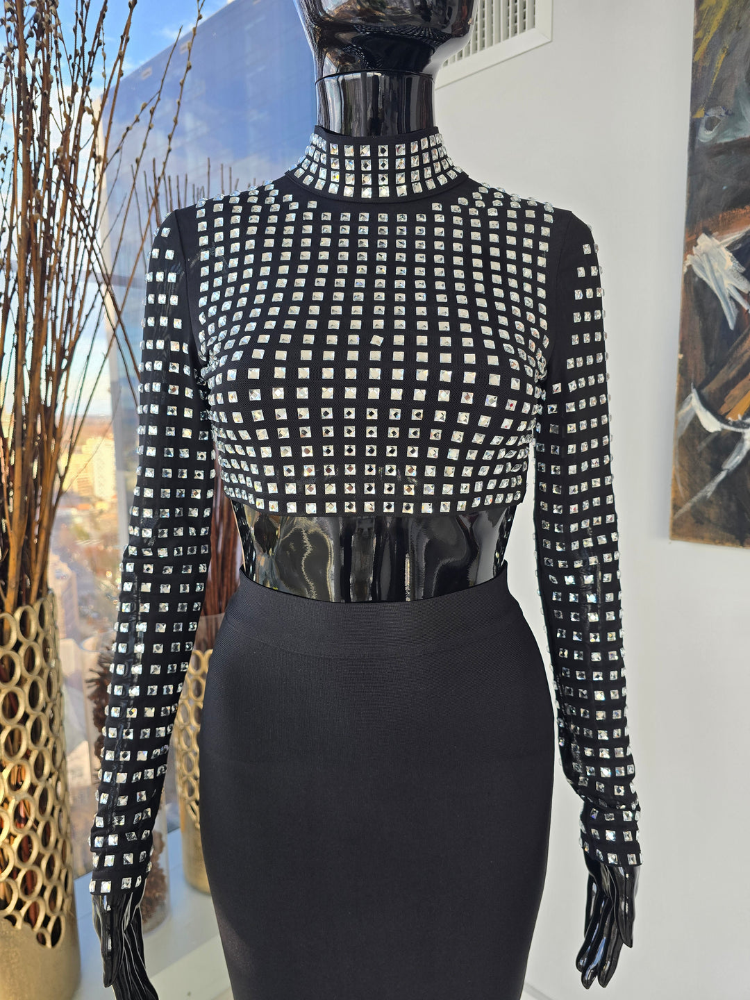 Mesh Mock Neck Rhinestone Crop Top