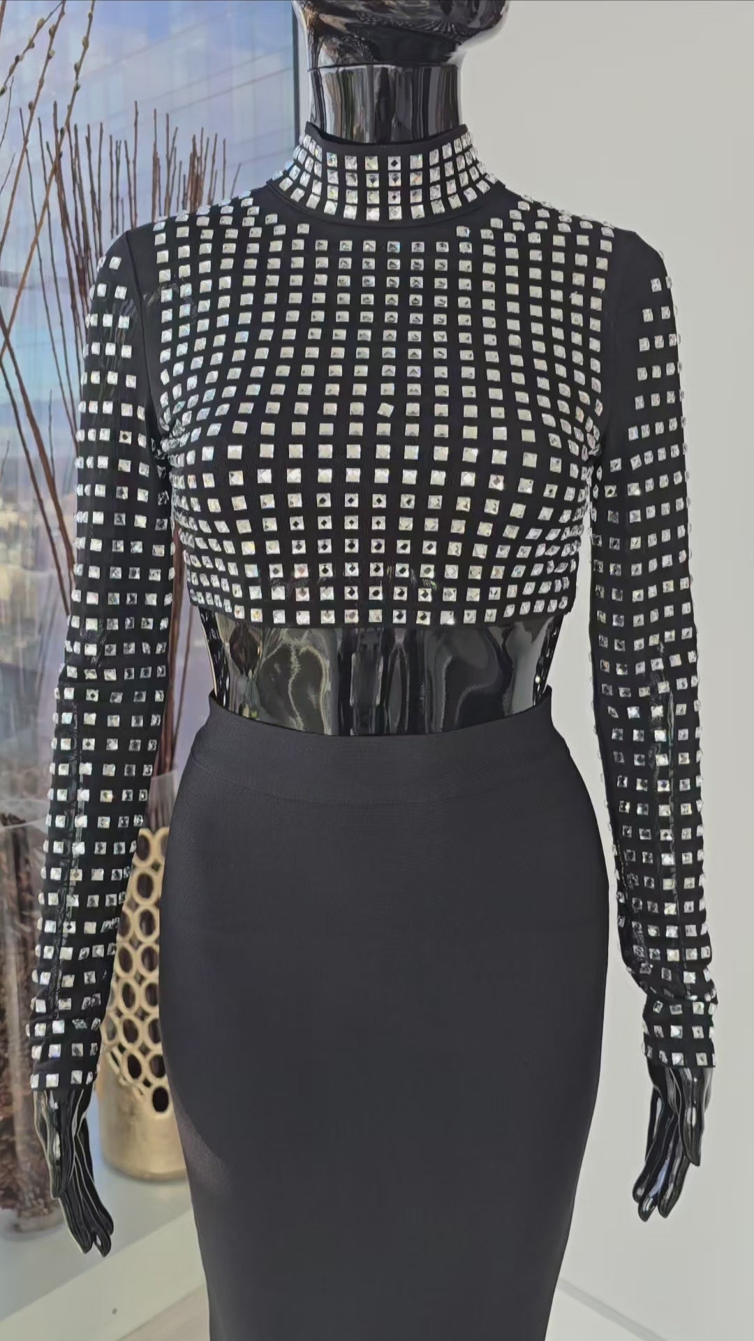 Mesh Mock Neck Rhinestone Crop Top