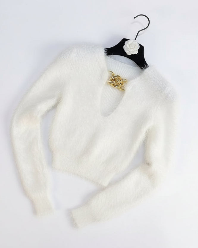 Faux Fur V-Neck Sweater
